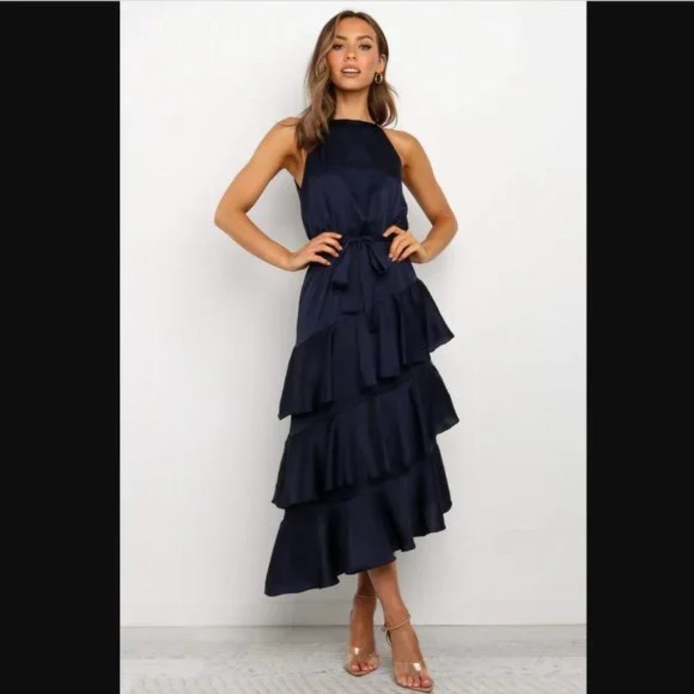 Petal & Pup Navy Blue Satin Seychelle Ruffle Tiered Midi Dress 10 - Picture 7 of 11